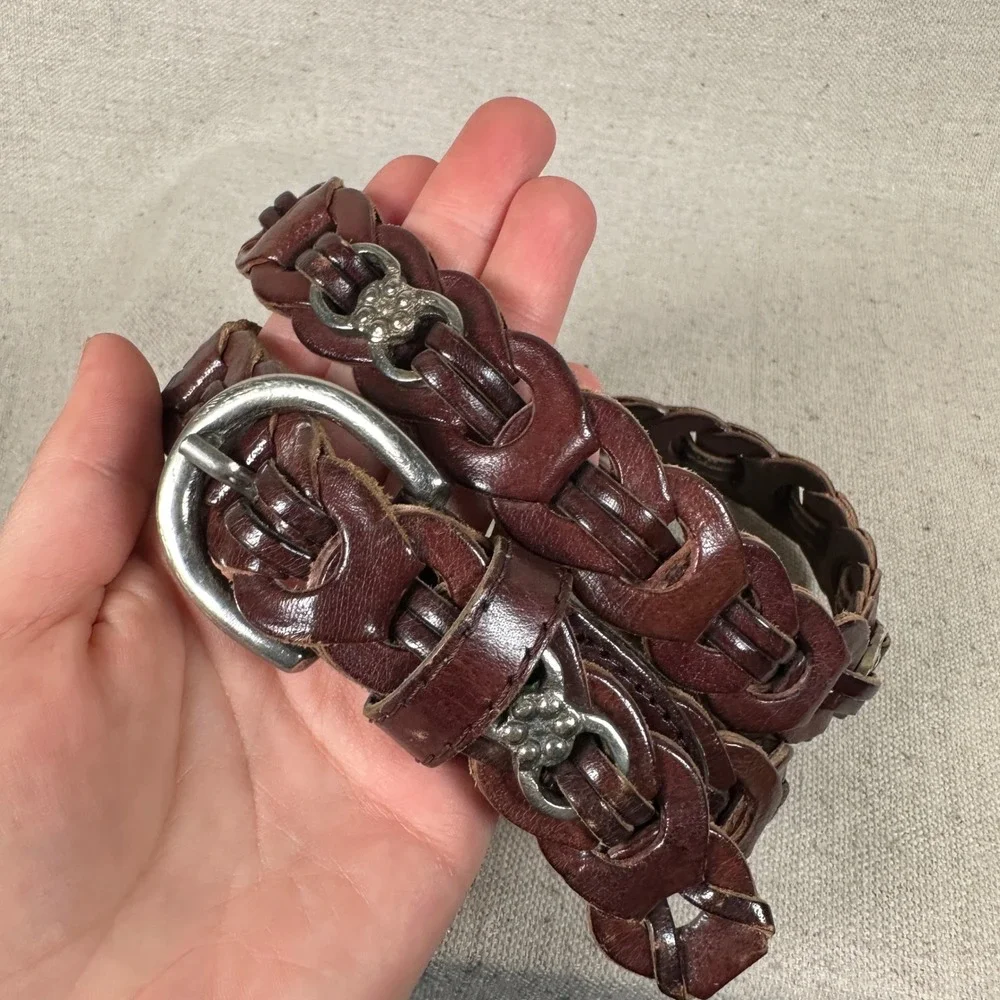 Western‎ Brown Braided Genuine Leather Belt Silver Flower Concho Accents Size SM